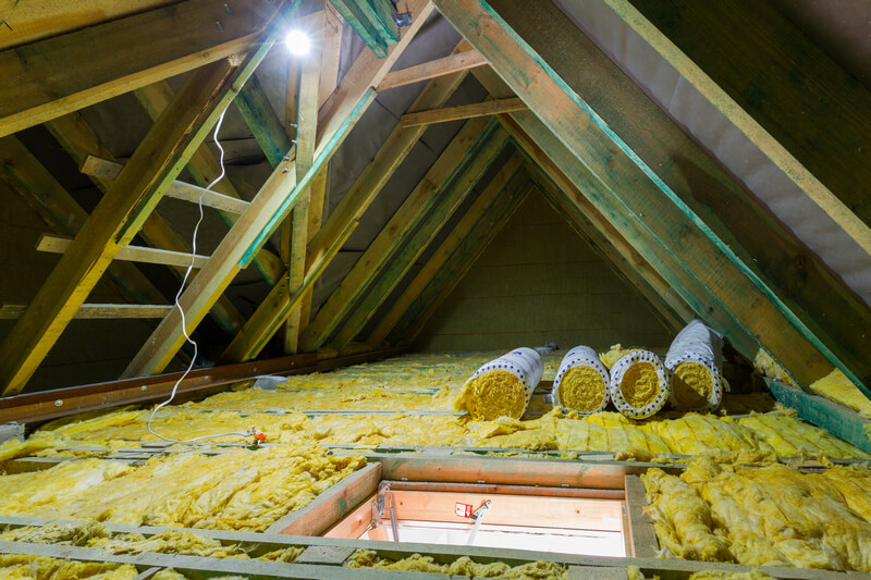 Empty attic with mineral wool insulation
